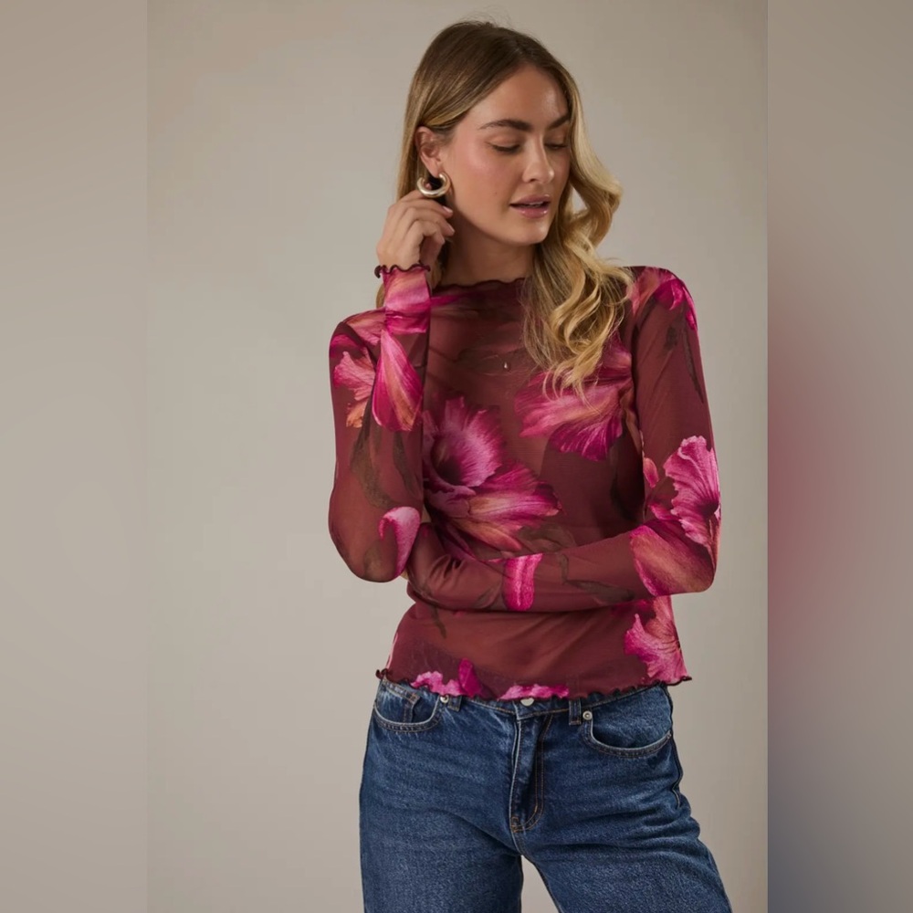 178. Giselle, Chocolate floral mesh top, various sizes